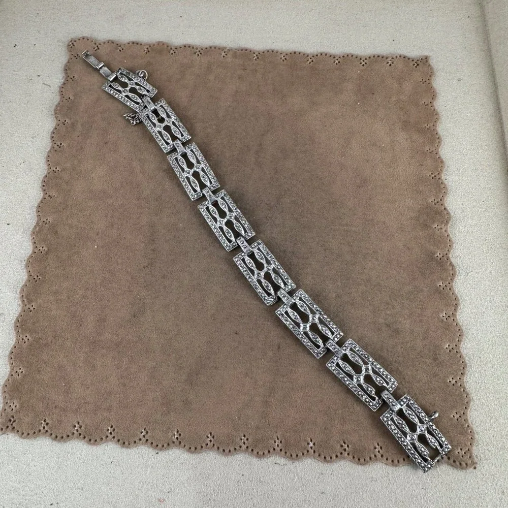 Vintage 1930's Sterling Silver  ART DECO Marcasite Lattice Style Bracelet - Picture 3 of 8